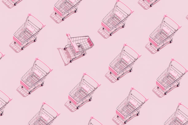 istock Pattern of supermarket shopping cart on pastel blue background. Creative design for packaging. Online shopping. Seamless pattern. Black friday sale concept. Break the pattern. Sustainable, minimalist lifestyle. 1409302529