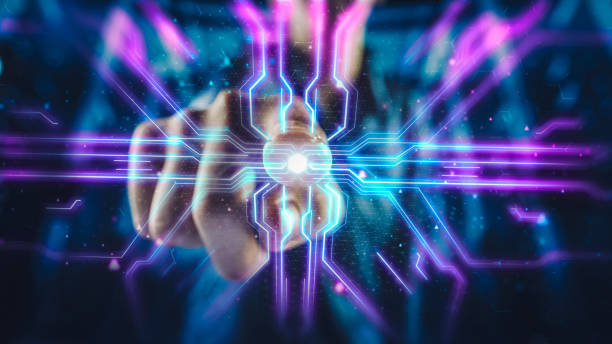 istock Digitalization Concept: Human Finger Pushes Touch Screen Button and Activates Futuristic Artificial Intelligence Interface. Visualization of Machine Learning, Computer Technology, Online Connectivity. 1409303840