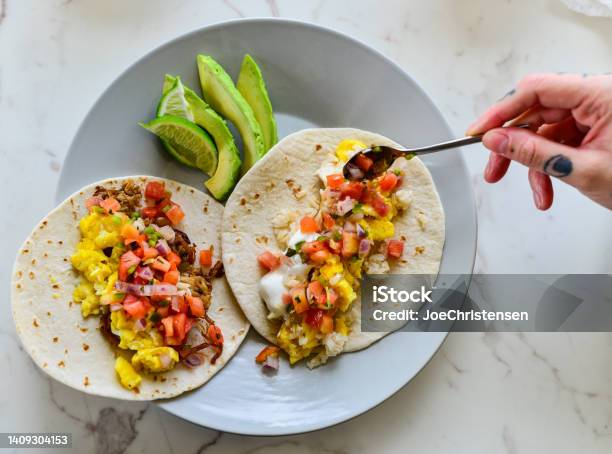 Breakfast Tacos With Avocado Stock Photo - Download Image Now - Cooking, One Woman Only, Tortilla - Flatbread