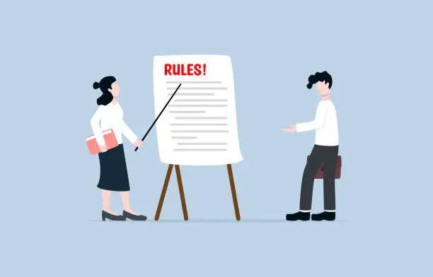 Vector illustration of Remind rules and regulations for employees to follow, company policy, discipline procedure, controlling people in organization concept. HR officer telling rules and regulations for new employee.