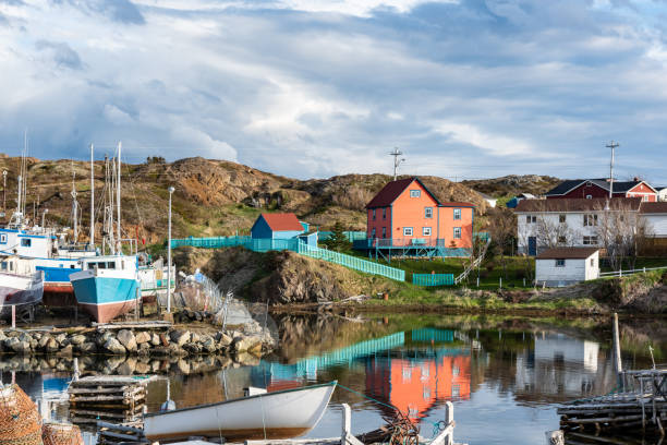 der hafen und die fischerboote am morgen, twillingate, kanada - fishing village stock-fotos und bilder