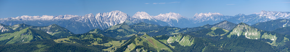 Zwölferhorn Mountain Summit, Austrian Alps Panorama, Wolfgangsee. View from the famous Schafberg, St. Wolfgang