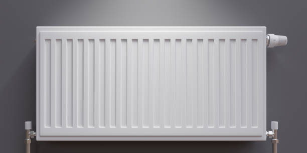 istock Gas heater, warm home. White radiator on grey wall, apartment heating installation system, 3d render 1409305742