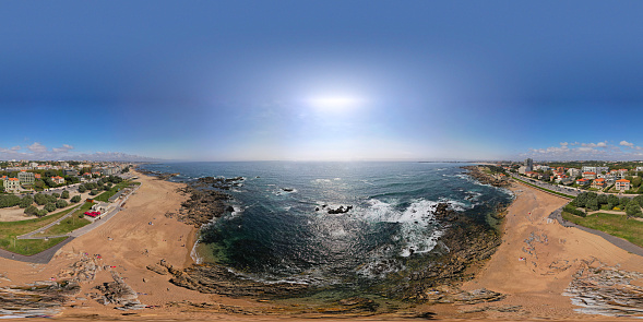 360-degree panoramic landscape panorama of beach in Oporto city in Portugal, North region