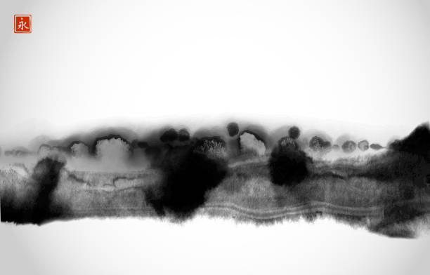 istock Stylized black ink wash painting of landscape with misty forest trees on white background. Traditional oriental ink painting sumi-e, u-sin, go-hua. Hieroglyph - eternity 1409308095