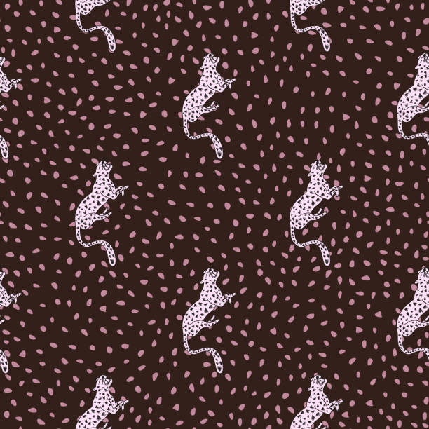 Decorative seamless pattern with doodle cute leopard. Hand drawn cheetah endless wallpaper. Decorative seamless pattern with doodle cute leopard. Hand drawn cheetah endless wallpaper. Wild animals background. Design for fabric, textile, wrapping, illustration cute cheetah print cartoon stock illustrations