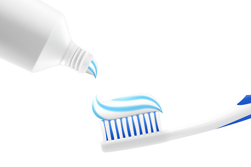 Toothpaste with brush, blank mock up tube. Dental care, whitening, brushing and orthodontic healthcare. Realistic 3d vector illustration