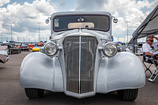 Lebanon, TN - May 14, 2022: Low perspective front view of a 1937 Chevrolet Master Pickup Truck at a local car show.