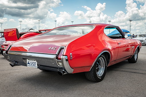Lebanon, TN - May 14, 2022: Low perspective rear corner view of a 1969 Oldsmobile 442 Holiday Coupe at a local car show.