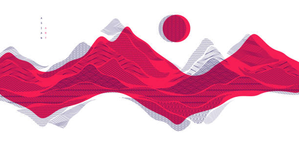 赤色の東洋的な日本風ベクトル抽象イラスト、アジアの伝統様式の背景、波状の形と山の地形、海線のようなうねり。 - 古代点のイラスト素材／クリップアート素材／マンガ素材／アイコン素材
