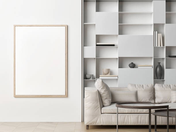 istock Modern living room design with white empty poster, mock up. 1409313527