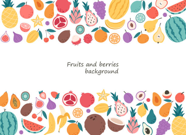 Fruits and berries background. Natural organic nutrition. Healthy food, dietetics products, fresh vitamin grocery products. Vector illustration in flat style Fruits and berries background. Natural organic nutrition. Healthy food, dietetics products, fresh vitamin grocery products. Vector illustration starfruit stock illustrations