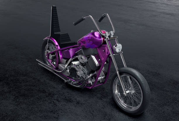 3D rendered image of a vintage metallic purple custom motorcycle on black background