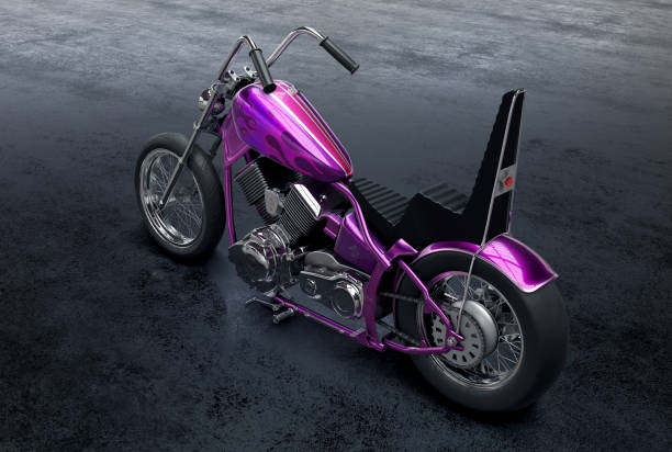 istock 3D rendered image of a vintage metallic purple custom motorcycle on black background 1409317432
