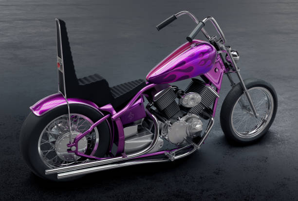 istock 3D rendered image of a vintage metallic purple custom motorcycle on black background 1409317435
