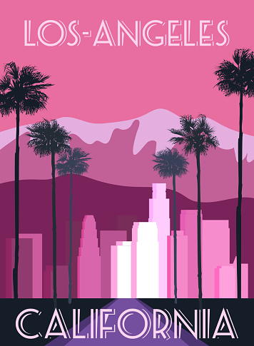 Retro poster Los Angeles, downtown, cityscape. Vintage, scene California street, vector illustration