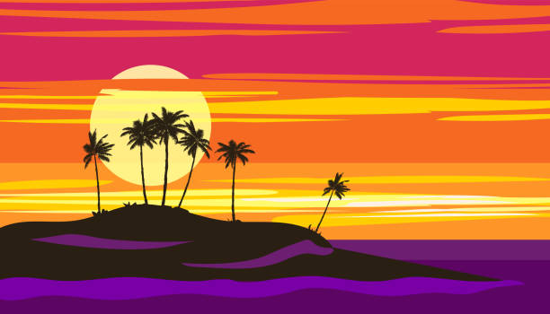 ilustrações de stock, clip art, desenhos animados e ícones de tropical sunset summer beach landscape. exotic scene, palms silhouette, sundown, ocean, sea banner - horizon over water malibu california usa