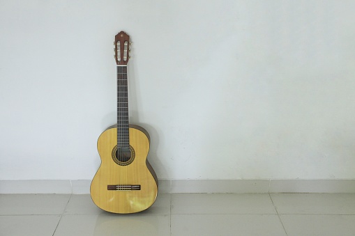 Stringed instruments, acoustic guitars are placed in a white space.
