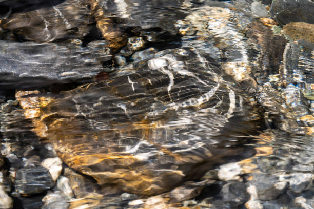 Fast flowing, crystal clear mountain water over colored stones that lie at the bottom of this mountain stream. The moving water surface and the flow of the stream distorts the underlying structures. The sunlight creates bright patterns.