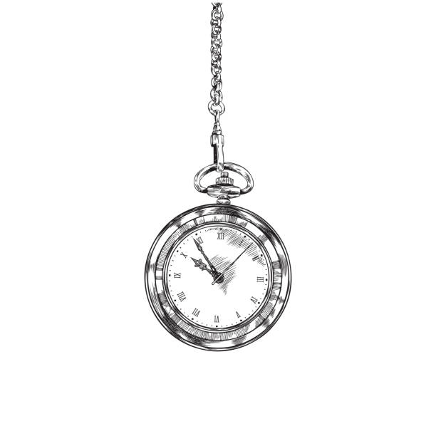 Hand drawn monochrome pocket watch hanging on chain sketch style, vector illustration isolated on white background. Dial with roman numerals, black outline design element