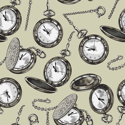 Seamless pattern texture with pocket watches, hand drawn sketch vector illustration. Vintage style decorative repeatable background design with gentlemen retro watches.