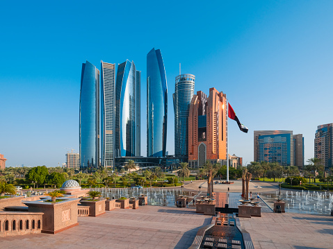 Abu Dhabi, United Arab Emirates, November 18, 2021: Abu Dhabi skyscrapers including Etihad Towers.