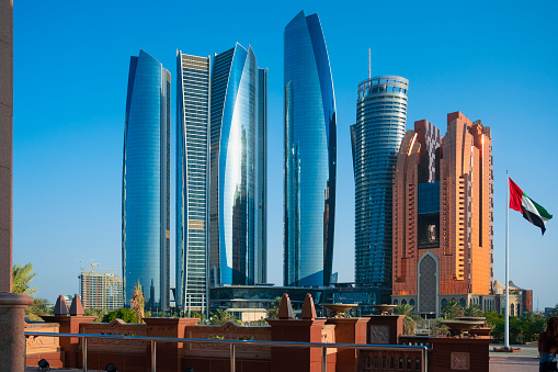 Abu Dhabi, United Arab Emirates, November 18, 2021: Abu Dhabi skyscrapers including Etihad Towers.