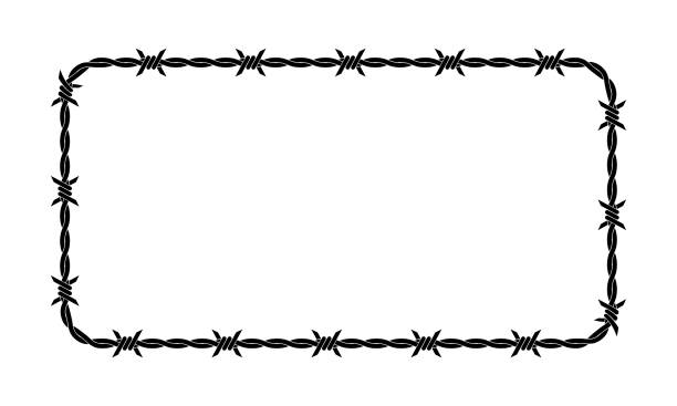 ilustrações de stock, clip art, desenhos animados e ícones de vector illustration of barbed wire isolated on white background. rectangular shape frame from twisted barbwire. security fence backdrop. - arame farpado