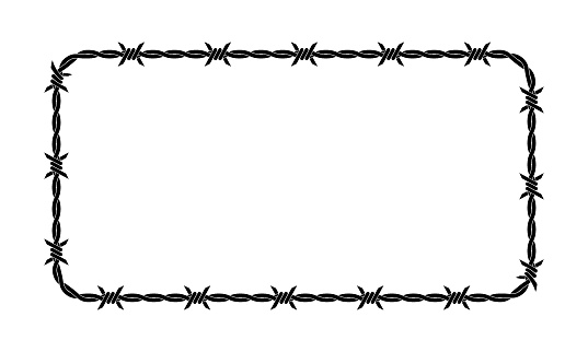 Vector illustration of barbed wire isolated on white background. Rectangular shape frame from twisted barbwire. Security fence backdrop.