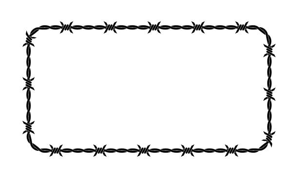 Vector illustration of barbed wire isolated on white background. Rectangular shape frame from twisted barbwire. Security fence backdrop. Vector illustration of barbed wire isolated on white background. Rectangular shape frame from twisted barbwire. Security fence backdrop. rusty fence stock illustrations