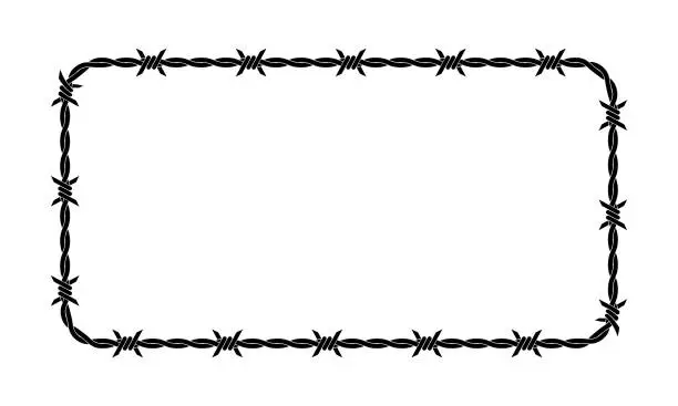 Vector illustration of Vector illustration of barbed wire isolated on white background. Rectangular shape frame from twisted barbwire. Security fence backdrop.