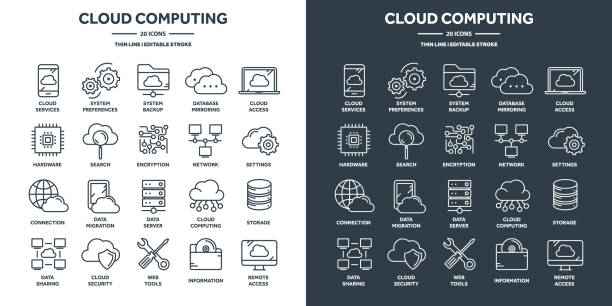 ilustraciones, imágenes clip art, dibujos animados e iconos de stock de computación en la nube y tecnología de internet, acceso remoto a bases de datos. alojamiento web, protección de datos de servicios en línea. seguridad de la información, intercambio de datos y copia de seguridad. conjunto de iconos de línea delgada.  - computer storage compartment connection order