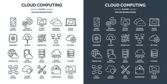 Cloud computing and internet technology, database remote access. Web hosting, online services data protection. Information security, data sharing and backup. Thin line icons set. Vector illustration.