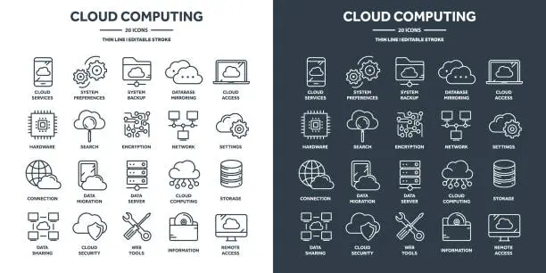 Vector illustration of Cloud computing and internet technology, database remote access. Web hosting, online services data protection. Information security, data sharing and backup. Thin line icons set. Vector illustration