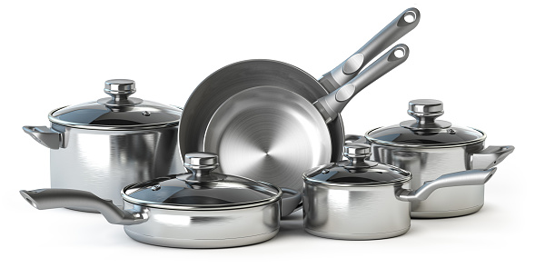 Set of stainless steel pots and pans isolated on white. 3d illustration
