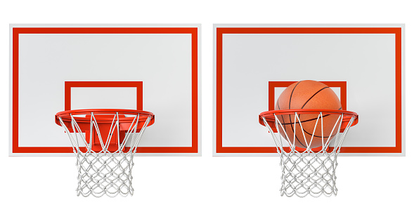 Baketball hoop on backboard and ball isolated on white. 3d illustration