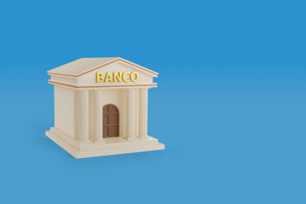 istock Bank building with bank text in spanish. 3d illustration. 1409329087