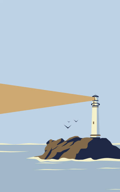 ilustraciones, imágenes clip art, dibujos animados e iconos de stock de hermosa vista al mar del faro en estilo retro en colores pastel - arrival beacon blue nautical vessel