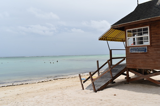Pigeon Point, Tobago - July 12, 2022 -  Lifeguard Booth on the Pigeon Point Beach in the Pigeon Point Heritage Park.