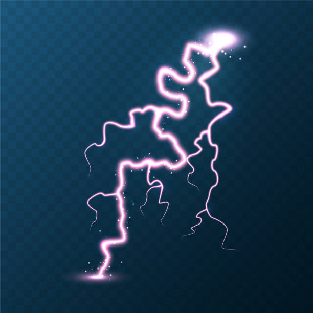 istock Realistic colorful lightning on blue background. Thunderstorm and lightning bolt. Sparks of light. Stormy weather effect. Vector illustration 1409331375