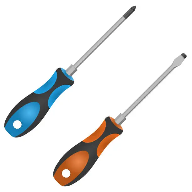 Vector illustration of Screwdriver set slotted and pozidrive screwdriver. Orange and blue screwdriver