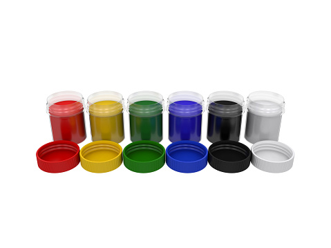 jars with multicolored gouache isolated on white background, 3d rendering, illustration