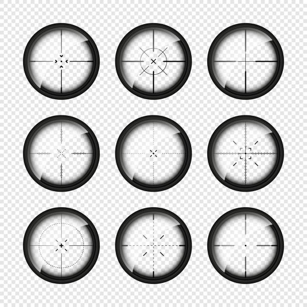 ilustrações, clipart, desenhos animados e ícones de vários pontos de vista de armas, miras ópticas de rifle sniper. vislumbrador de armas de caça com mira. mire, marca de tiro símbolo. sinal de alvo militar, silhueta. elemento de interface de jogo interface ui. ilustração vetorial - crosshair gun rifle sight aiming