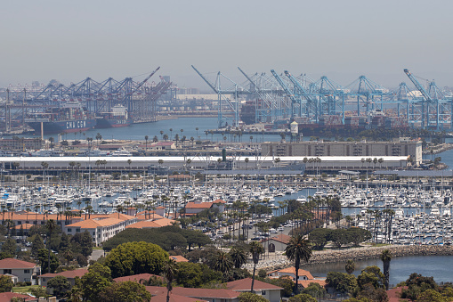 San Pedro, CA, USA - May 13, 2022: Container terminals at the Port of Los Angeles are seen from the Lookout Point Park in the San Pedro neighborhood in Los Angeles, California.