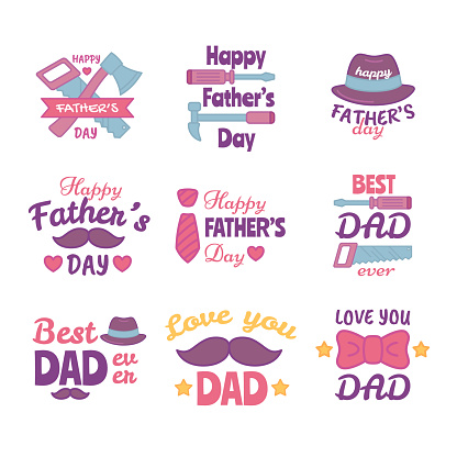 Cartoon Color Happy Fathers Day Typography Sign Badge Label Set Flat Design Style. Vector illustration of Dad Holiday Badges Labels