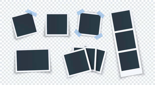 fotorahmen-set, fotoalbum, verschiedene formen bildvorlage, retro-polaroid-karte mit klebeband. alte erinnerungselemente. - polaroid stock-grafiken, -clipart, -cartoons und -symbole