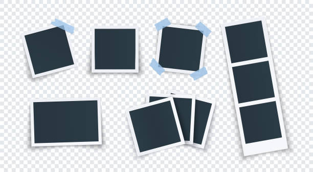 Photo frame set, photo album, different shape picture template, retro polaroid card with sticky adhesive tape. Old memories elements. Photo frame set, photo album, different shape picture template, retro polaroid card with sticky adhesive tape. Old memories elements. Vector illustration. polaroid transfer stock illustrations