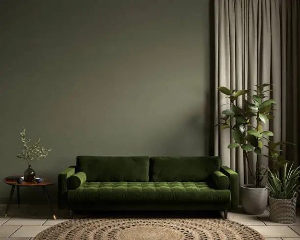 Green interior with sofa and decor. 3d render illustration mockup.