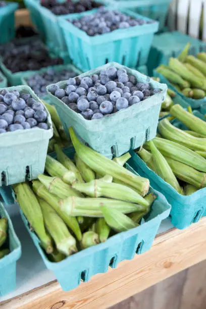 Freshly-picked blueberries and okra displayed in cartons at a farmer's market