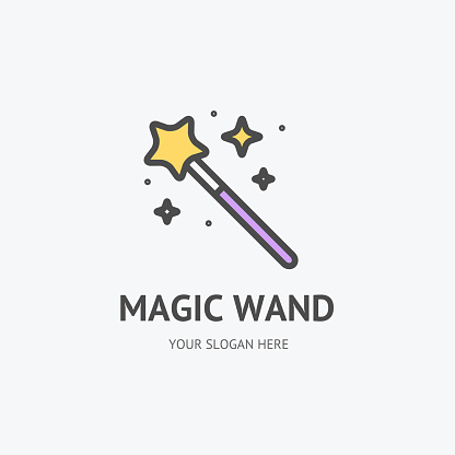 Magic Wand with Star and Sparkle Sign Thin Line Icon Emblem Imagination and Fantasy Concept. Vector illustration